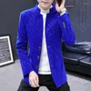 Abiti da uomo Blazer in velluto blu navy Colletto alla coreana da uomo Elegante giacca alla moda per velluto Claret Groom Elegante panno cinese