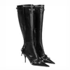 Boots Pointed Toe Metal Buckle Zipper Knee Boots Feminine Stiletto Studded High Heel Boots Black Luxury Design Women's Shoes Size 43 220913