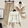 Womens Two Piece Pants Autumn Winter Fashion Sweater Lamb Vest Jacket Outfits Korean Lady Casual Joker Knit Tops Trousers Set Daily Clothing 221115