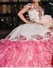 Mexico Pink Quinceanera Sukienki Poziomy długie pociąg w kwiat haftowe luksusowe suknie imprezowe z ramion gorset słodki 15 dziewcząt sukienka bankietowa z powrotem koronki