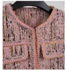 Spring Pink Contrast Trim Tweed Jacket de manga comprida no pescoço de painéis de painéis de casaco clássico casaco curto fora de roupa A2N086447