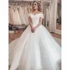 Modest A Line Wedding Dresses Sheer Off Shoulder Beaded Appliques Back Lace Up Country Style Chic Bridal Gown Custom Made 403