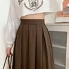 スカート長い茶色の韓国ファッションハイウエストブラックミディ女性秋エレガントエレガントな女の子プリーツグレーサマー221130