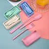 Collapsible Travel Utensil Set with Case Wheat Straw Reusable Chopsticks Spoon Fork Sets for Kids Adult