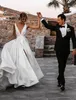 A-Line Backless Wedding Dress V Neck Court Train Satin Sleeveless Simple Sexy with Sashes Split Front Bridal Gowns 2023