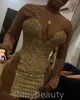 Aso Ebi 2022 arabo oro mini abiti da ballo pizzo con perline cristalli guaina da sera festa formale secondo ricevimento compleanno abiti di fidanzamento vestito SH07