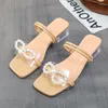 Slippers Women's Summer High Heels Ladies Party Beaded Sandals Female Black Transparent Crystal Square Heel Slides