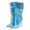 Boots Arden Furtado Fashion Women's Shoes Pointed Toe Stilettos Heels Sexy Elegant Ladies gold blue Slip on pleated boots 43 44 220906