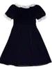 Party Dresses Women's Black Velvet Short Dress White Lace Trim Bow U Neck 2022 Ladies Sleeve Mini Robe