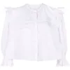 Polos femininos femininos de babados brancos ramie camisas longas manga de flarista O-pescoço O-gola única Spring Ladies Blouse Sweet Blouse