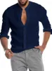 Men's Casual Shirts SALSPOR Shirt Solid Color Linen Stand Collar Top Cardigan Long Sleeve Loose Quick Drying