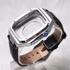 SMART BANDEN AP Gemodificeerde roestvrijstalen dekselbeveiligingshoesje Fit lederen mod -kits Crocodile print horlogeband Band voor Apple Watch 44mm 45 mm polsband Iwatch 8 7 6 5 4