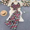 Kvinnors tvåbitar byxor Floral kostym Fashion Holiday Style Women 2022 Summer Set Bubble Sleeve Crop Top High midje bred ben