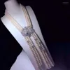 Pendant Necklaces Hand Knotted 3rows 7-8mm White Freshwater Pearl Micro Inlay Zircon Accessories Necklace Long 60-65cm