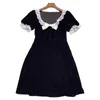 Party Dresses Women's Black Velvet Short Dress White Lace Trim Bow U Neck 2022 Ladies Sleeve Mini Robe