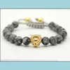 Beaded Design Mens Armband Partihandel 8mm Gray Picture Jasper Stone Pärlor Guld och Sier Rame Lion Head Drop Delivery Jewely DHDG4