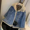 Wintermode samt dicke Jeansjacke Frauen Baumwolle Sherpa Langarm Kurzmantel lässig Revers blau