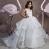 Mädchen Kleider Weiße Blume Für Hochzeiten Ballkleid V-ausschnitt Tüll Applikationen Tutu Lange Erstkommunion Kleine