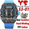 YS YSF53-01 MENS Watch Real Tourbillon Ręka Ręka Pablo Mac Donough TPT Fibre Fibre Dial Dial Blue Nylon Pasp 2022 V3 Super Edition Sport Eternity Watches