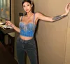 Kadın Tankları INS Stil 2022 Denim Boncuk Budier Tassel Diamond Push Up Night Club Bralette Kadın Sütyen Kırpılmış Top Moda