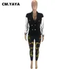 Garnitury damskie Blazers CM.YAYA Women Baseball Style Karbowany dekolt Podwójne piersi Długi rękaw Patchwork Blazer Topy T221027