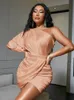 Casual Dresses Glamaker One Shoulder Pink Party Club Women Summer Elegant Mini Date Vestidos Sexy Luxury Satin Silk Bodycon 221117