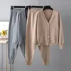 Dames tweedelige broek Autumn Winter V-Neck Single-Breasted Cardigan Sweater Harem Suit Solid Color Knitting Set