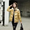 Trench da donna Cappotto imbottito lucido Colletto da donna Manica lunga Cerniera Piumino invernale da donna Capispalla casual oro massiccio per donna