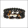 Beaded New Fashion Jewelry Wholesale Mens Gift Arrival Alloy Metal Lava Rock Stone Beads Fitness Dumbbell Bracelets With Words Drop D Dhzbf