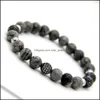 Bracelets porte-bonheur 1 pièces bijoux de haute qualité 8Mm gris photo jaspe perles de pierre Micro pavé noir et or Cz Bracelets hommes cadeau goutte Del Dhzjo