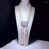 Pendant Necklaces Hand Knotted 3rows 7-8mm White Freshwater Pearl Micro Inlay Zircon Accessories Necklace Long 60-65cm