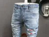 Patches Detail Biker Fit Jeans Heren Slanke motorfiets voor heren Vintage Distressed Denim Jean Pants313l