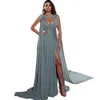 Stylish Side Split Prom Dresses spets applicerade aftonkl￤nningar en linje Deep V Neck Sweep Train Chiffon Special Endan Formell slitage