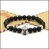 Charm-Armbänder Großhandel 10 Teile/los 8 mm schwarze Onyx-Steinperlen mit mikrogepflasterten Zirkonen Spartan-Masken-Helm-Charms-Armbänder Drop D Dhuzk