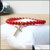 Charm Bracelets Easter Jewelry Wholesale 5Mm A Grade Dyed Red Coral Stone Clear Cz Jesus Cross Beaded Bracelet For Lover Gift Drop D Dhwkx