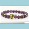 Beaded Wholesale 8Mm Top Quality Natural Amethyst Stone Beads Realgold Plated Lion Head Energy Bracelets Mens Jewelry Gift Drop Deliv Dhowx