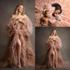 2023 Sexy Ballkleider Khaki Afrikanisches Umstandskleid Roben für Fotoshooting Babyparty Rüschen Tüll Chic Frauen Rüschen Lange Ärmel Fotografie Robe Partykleider