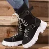 Botas martin de motocicleta, estilo britânico, nova lona, cano alto, cor sólida, sola grossa, casual, cabeça redonda, cadarço feminino 20217362379