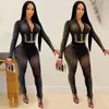 Women's Two Piece Pants Sexy Rhinestone Club Outfits Women Sets Long Sleeve V Neck Crop Top And Skinny Diamond Night Party Wear