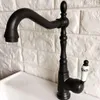 Keuken kranen zwarte olie gewreven messing brass single handle gat bassin kraan swivel tuit badkamer wastafel kou en water mixer tap dnf385