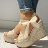 Sandalias de encaje informales para mujer, zapatos de tacón con cuña, Boca de pescado elegante, plataforma de fiesta, tacones altos, Sandalias a la moda para mujer 2022