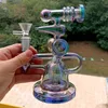 Metallisk regnb￥ge f￤rgglas Bong Hosahs Blue Pink Oil Burner Dab Rig Recycler Bubbler For Smoking Pipe
