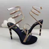 Rene Caovilla Snake Suede Margot Embellished Strass Stiletto Heel Sandals Evening Shoes Women Luxury High Heeled Designers Ankle Wraparound Shoe Footwear