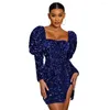 Robes décontractées Sequin Backless Pad Bubble Sleeve Party Femmes Robe Cou À Lacets Club Taille Haute Split Couleur Unie