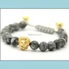 Beaded Design Mens Armband Partihandel 8mm Gray Picture Jasper Stone Pärlor Guld och Sier Rame Lion Head Drop Delivery Jewely DHDG4