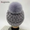 Bonnets Russie Femmes Hiver Rex Chapeau De Fourrure De Lapin tricoté chapeaux de fourrure élégant réel chaud femelle renard pompon casquettes de balle J22111073818359577987