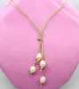Choker Beauty Pink Growth Drop Pearl 10mmx12mm 4beads Necklace 20inches Brown Rope Pendant