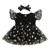 Flickaklänningar Baby Girls Princess Dress med pannband Rund nackhylsa Hög WASIT Patchwork Sunflower Print Mesh Set