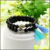 Charm armband design grossist 10 st/parti 8mm naturlig svart onyx sten pärlor blå och himmel tassel buddha huvud par armband drop d dhozq