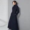 Women's Wool Blends Autumn and Winter Super Long Stand Collar Slim midja Fashion Temperament Retro Triangle Buckle Woolen Coat 221117